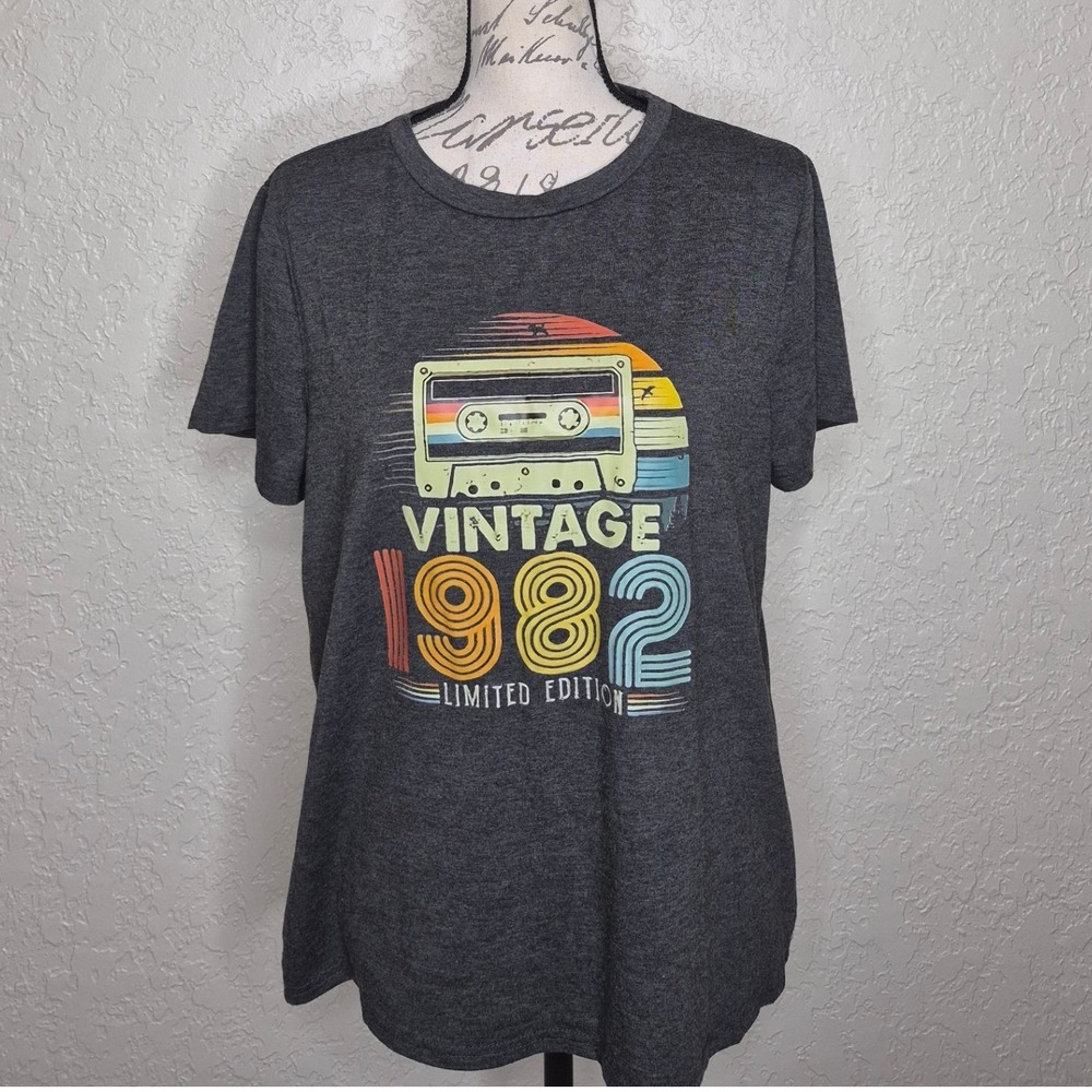 Vintage 1982 Limited Edition Cassette Tape Graphic Tee Charcoal Grey Large